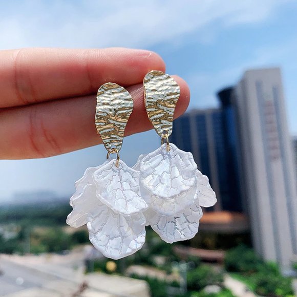 White Shell Flower Petal Drop Earrings - Picture 6 of 9